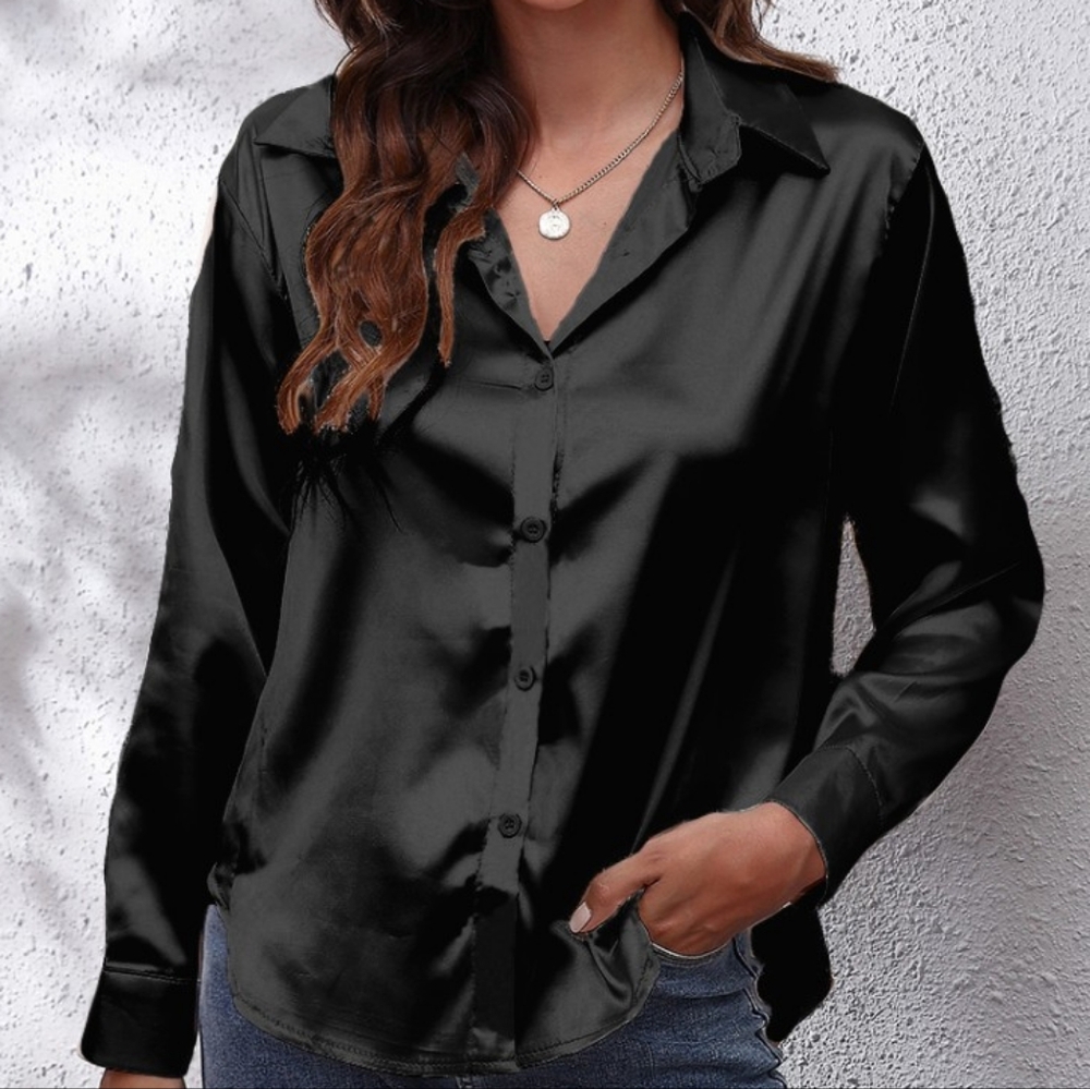 Black Collared Neck Buttoned Long Sleeve Shirt